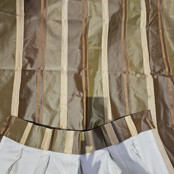 Two custom panels green taupe cream striped tafetta pleated lined drapes 56x95" - Picture 5 of 9